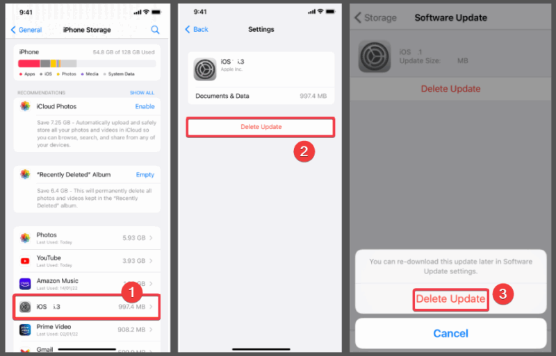 Изображение: экран удаления файла обновления iOS в Хранилище iPhone