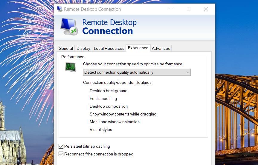Вкладка Производительность в Remote Desktop Connection