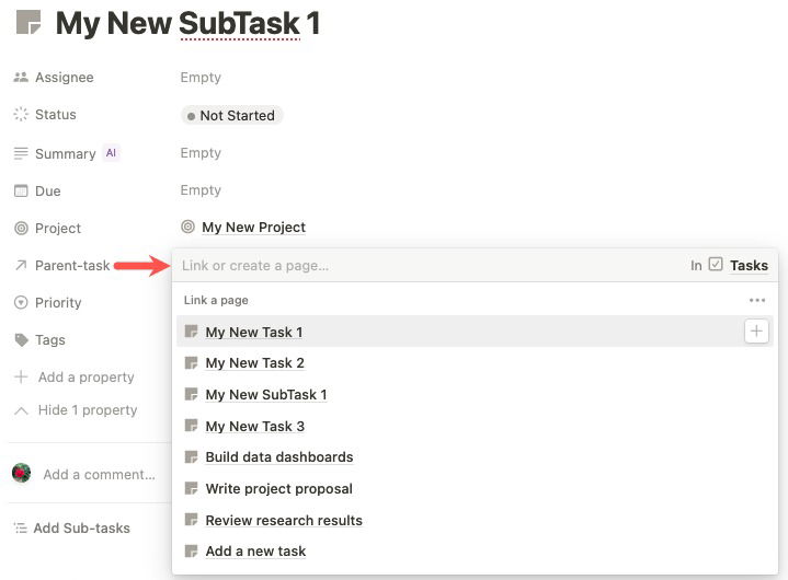 Выпадающий список Parent Task
