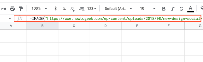 Строка формул в Google Sheets, куда вставляют формулу IMAGE.