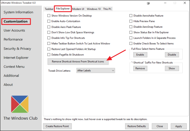 Интерфейс Ultimate Windows Tweaker с опцией удаления стрелок ярлыков