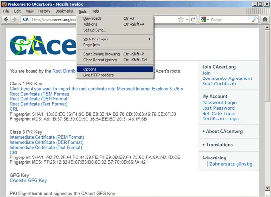 Окно параметров Firefox — Advanced Encryption