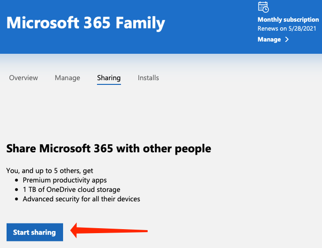Нажмите Start sharing, чтобы начать добавлять участников в подписку Microsoft 365 Family
