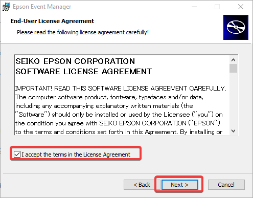 Окно лицензионного соглашения установки Epson Event Manager