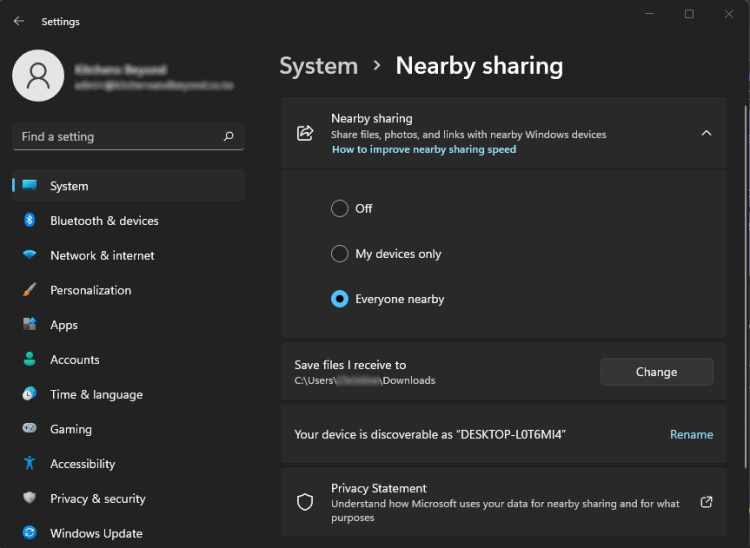 Выбор режима Nearby Sharing