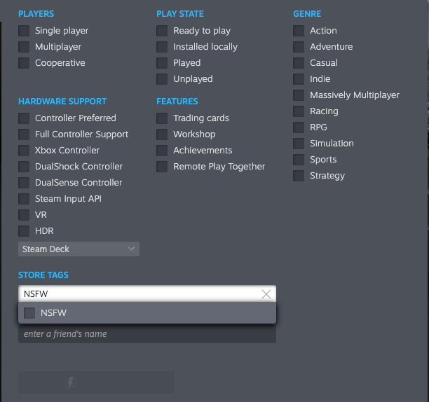 Фильтр по меткам магазина Steam