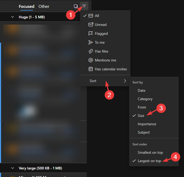 Сортировка по размеру в Outlook