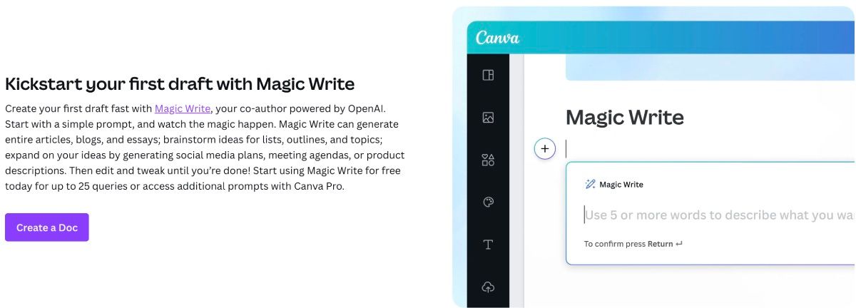 Canva Magic Write с ссылкой Create a Doc