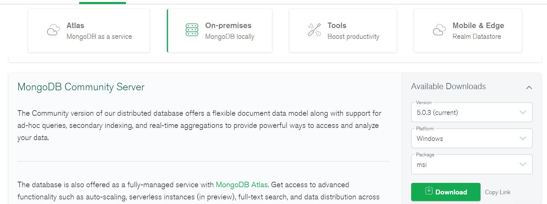 Страница загрузки сервера MongoDB (боковая панель с кнопкой Download)