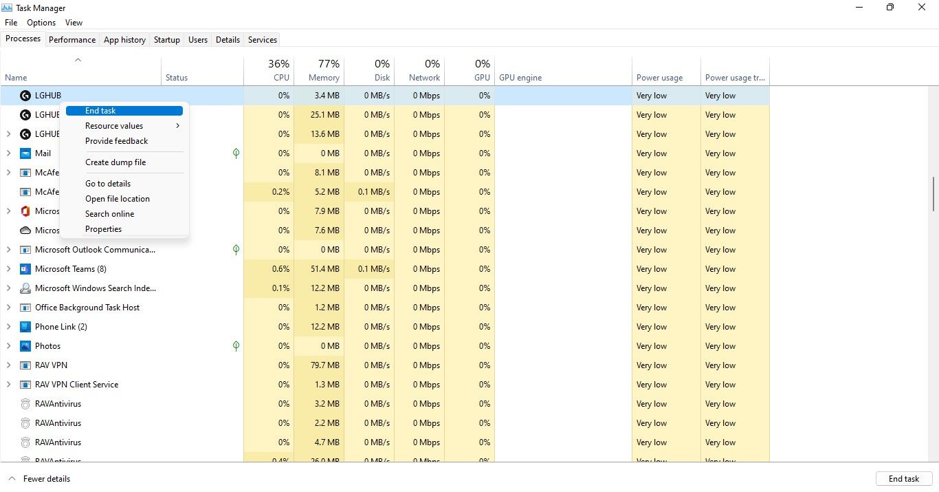 Завершение задач LGHUB в Диспетчере задач Windows