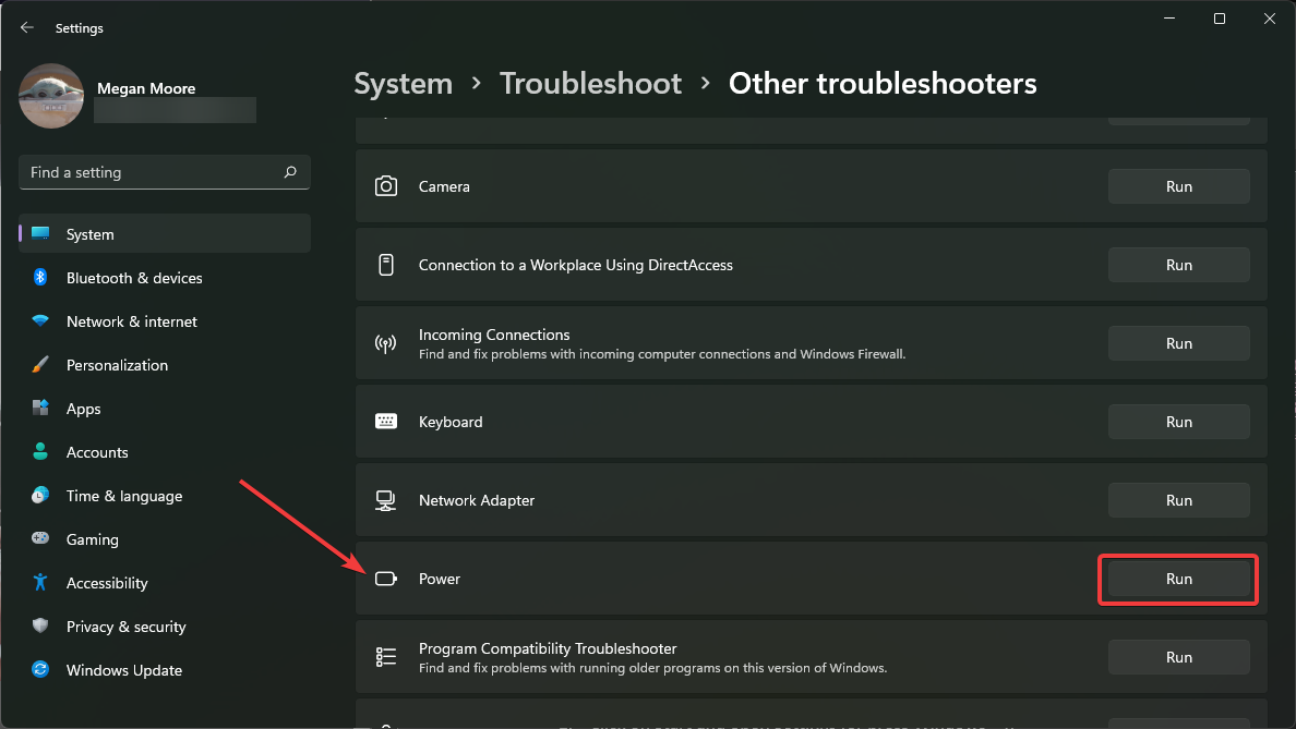 Запуск средства устранения неполадок Питание в Windows.
