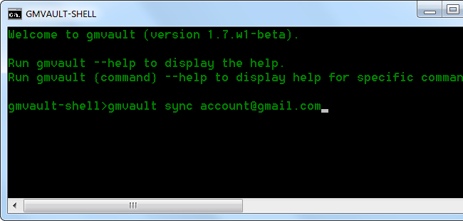 Окно GMVault с командой sync