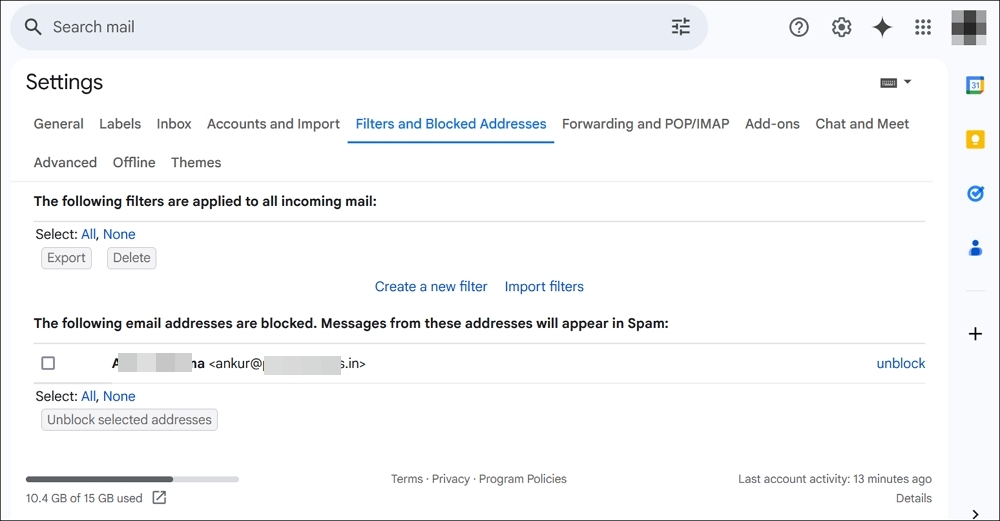 настройки фильтров Gmail