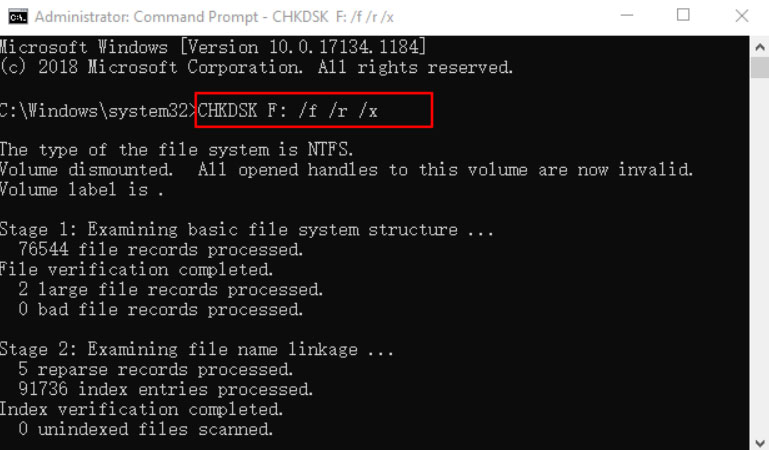 Окно командной строки с выполнением chkdsk