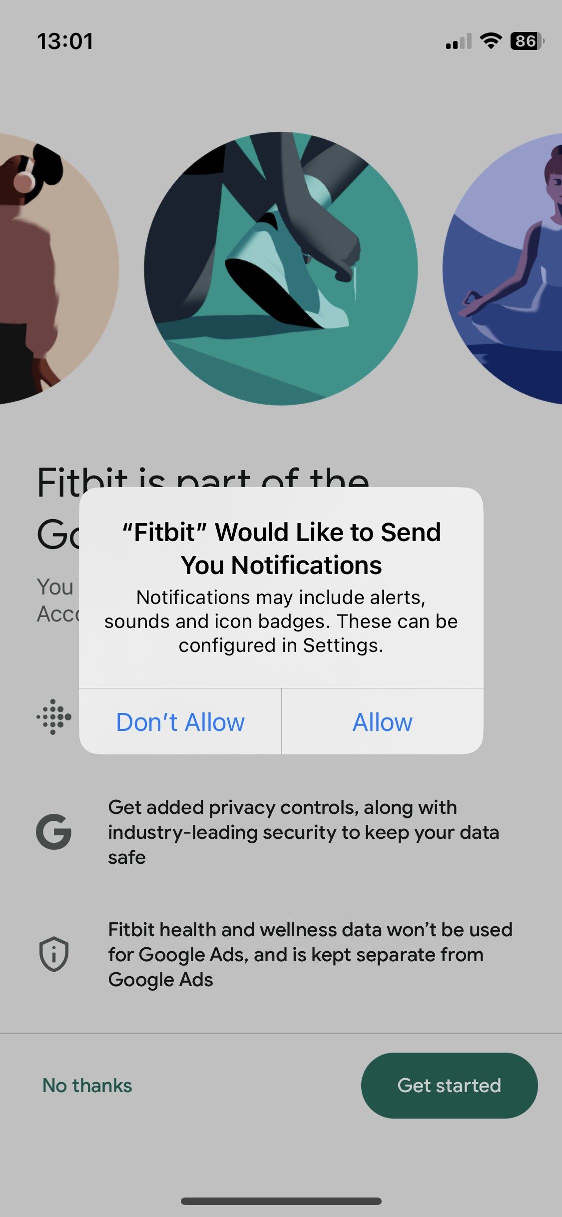 Скриншот: запрос разрешений на отправку уведомлений в приложении Fitbit