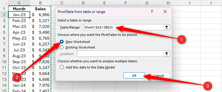 Диалоговое окно PivotTable From Table Or Range, выбран диапазон, отмечен New Worksheet и подсвечена кнопка OK.