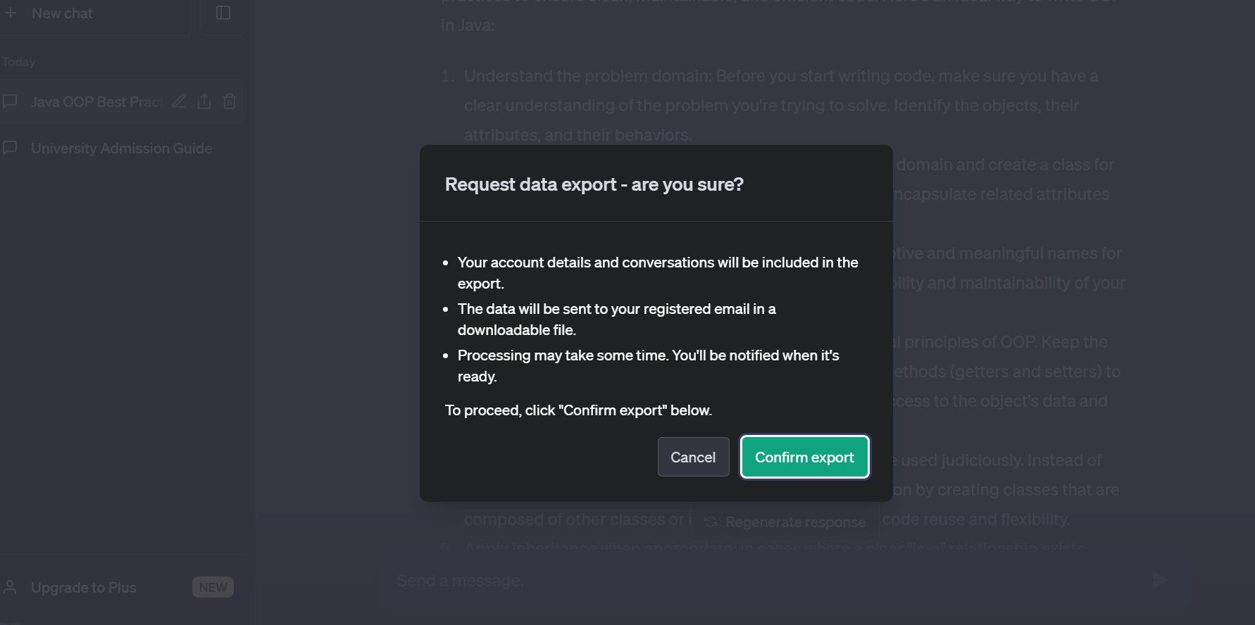 Модальное окно подтверждения экспорта ChatGPT