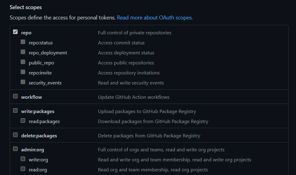 Выбор прав доступа (scopes) для токена
