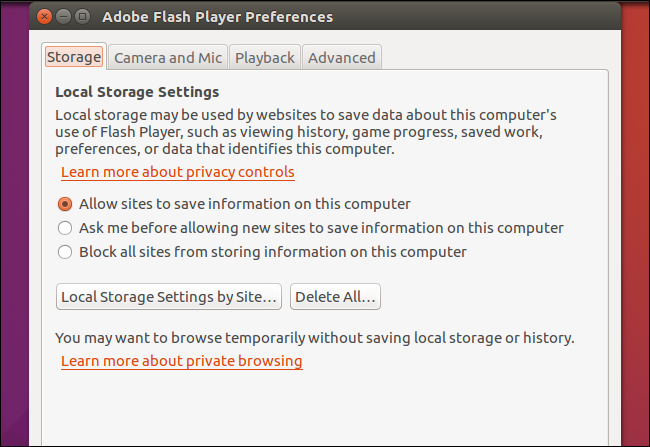 Панель настроек Adobe Flash Player в Ubuntu