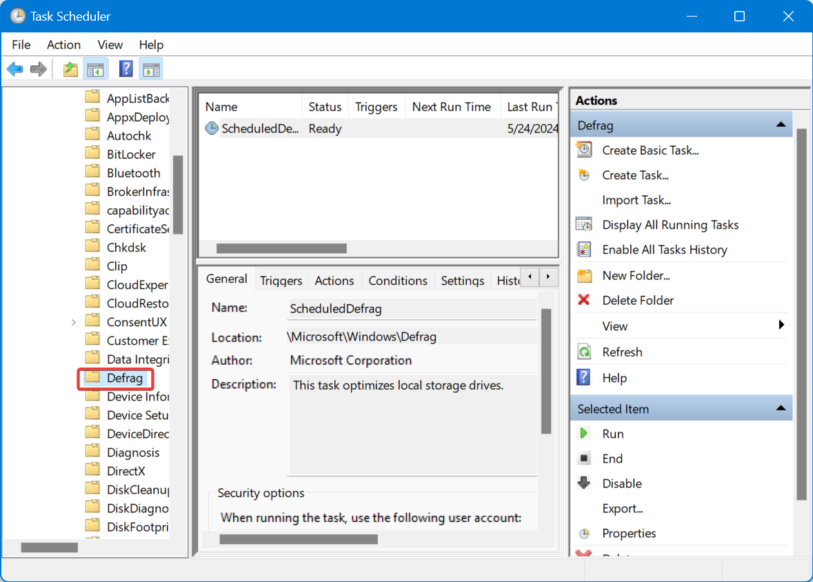 Папка Defrag в Планировщике заданий
