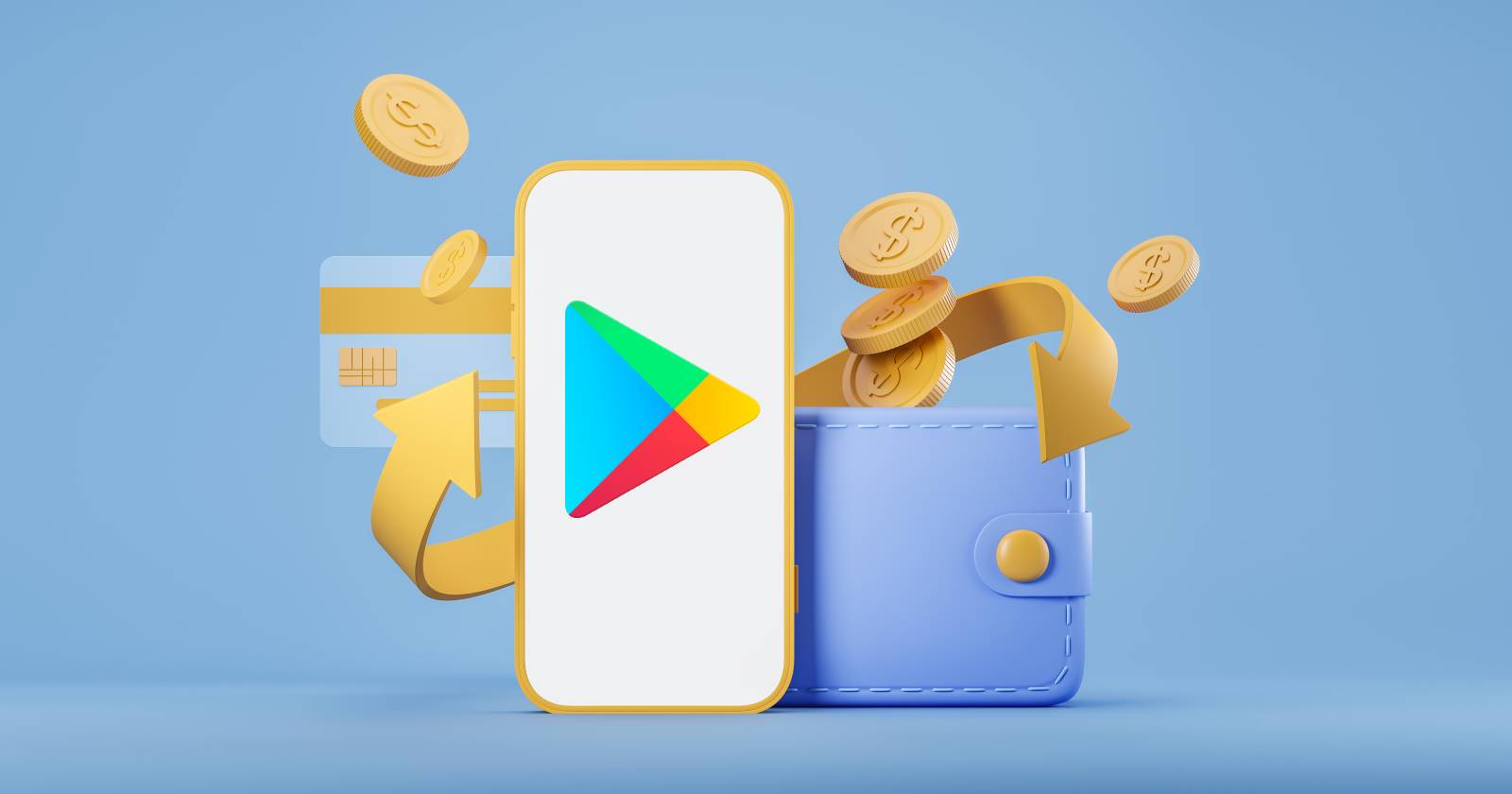 play store logo on phone next to payment card and wallet