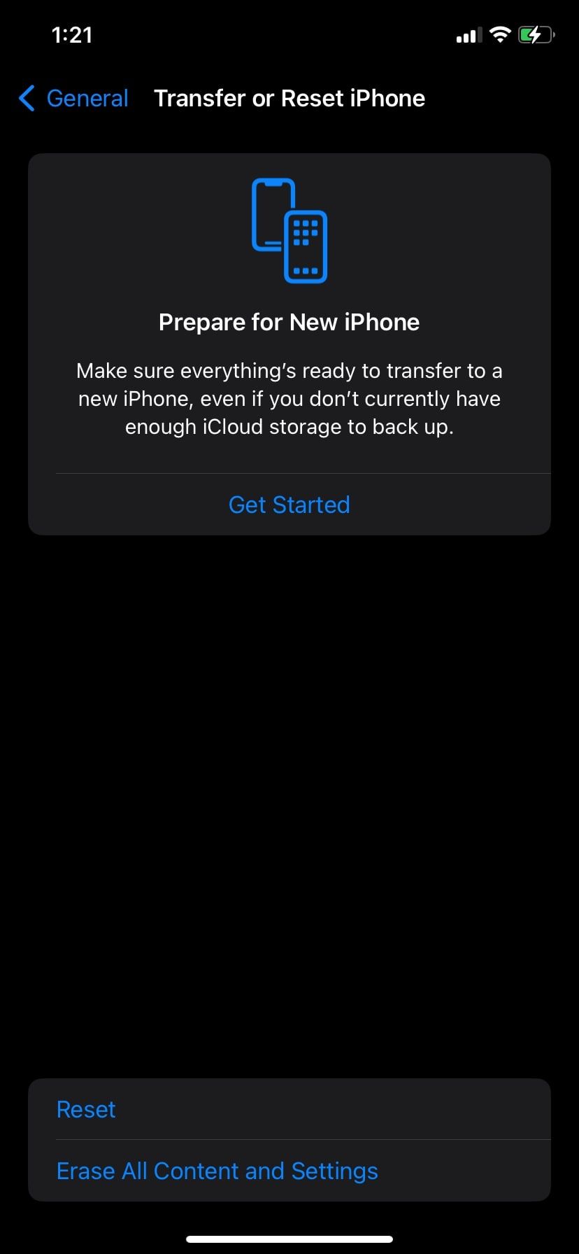 Меню Перенос или сброс на iPhone