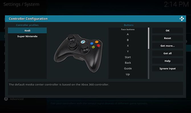 Окно настройки сопоставления кнопок контроллера в Kodi