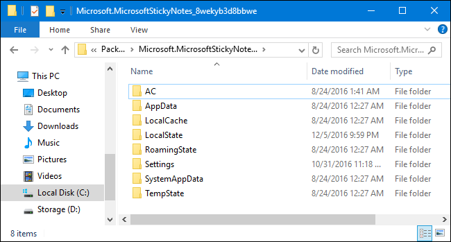 Папка с данными Sticky Notes в AppData пакета Microsoft Store