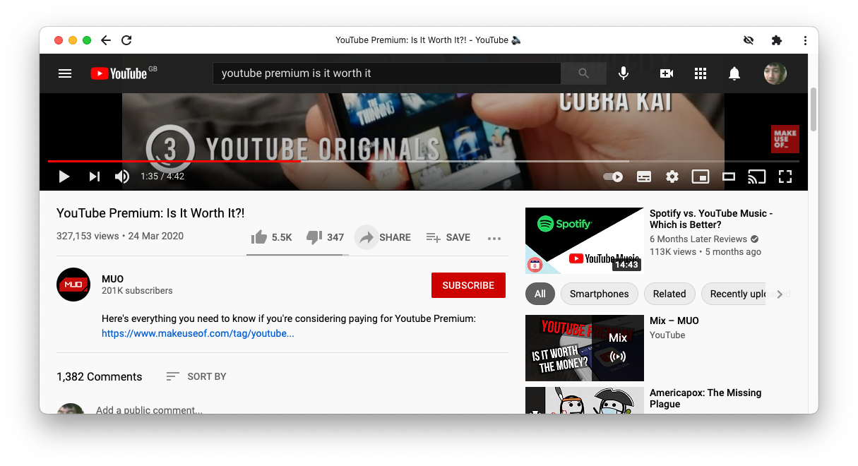 Скриншот страницы YouTube с кнопкой «Поделиться» под видео