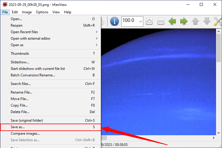 Пункты меню «File > Save As» в IrfanView для сохранения изображения в другом формате.