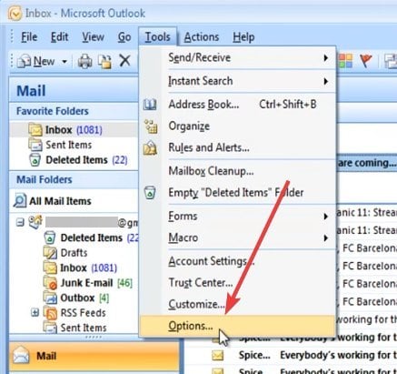 Параметры в старой версии Outlook