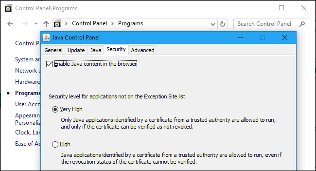 Панель управления Java: вкладка безопасности и опция включения Java в браузере