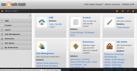 Панель управления CMS Made Simple