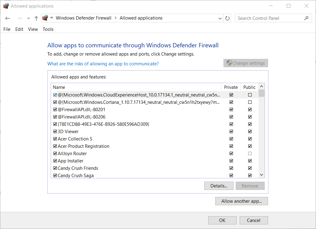 Кнопка Change settings в брандмауэре