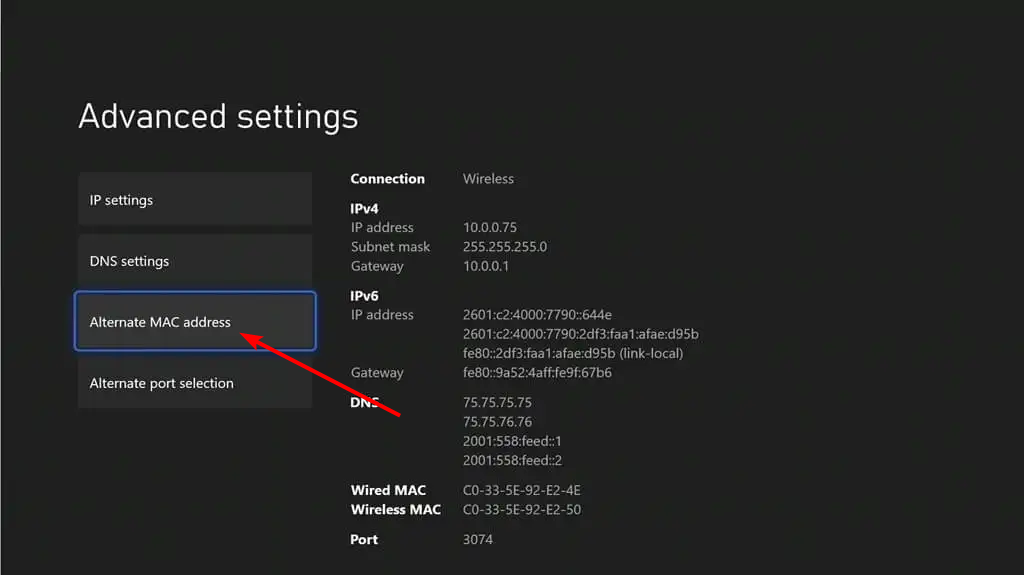 Альтернативный MAC‑адрес в настройках Xbox