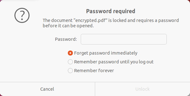 Диалог окна запроса пароля в Evince