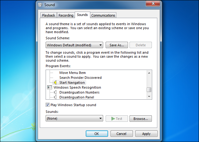 Выделено событие «Начало навигации» в списке системных звуков