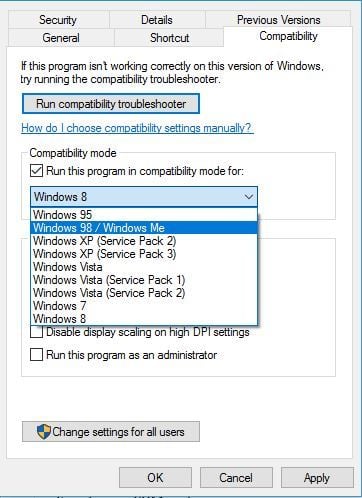 Вкладка совместимости в свойствах ярлыка Arduino