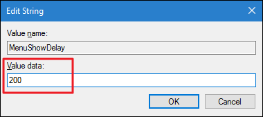 Окно редактирования значения MenuShowDelay с полем Value data