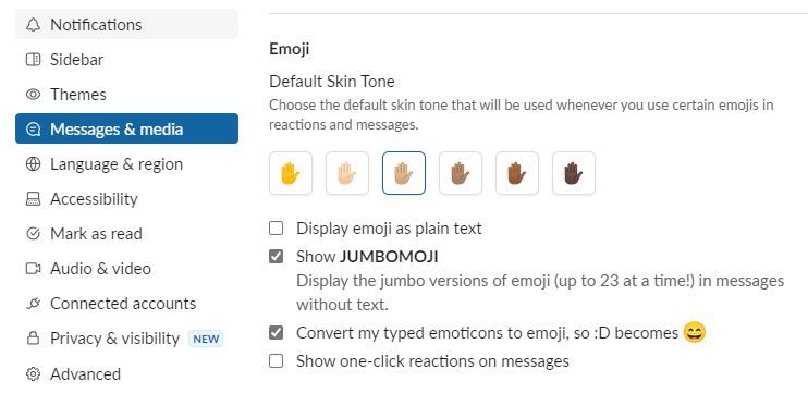 Настройки «Сообщения и медиа» в десктопном Slack