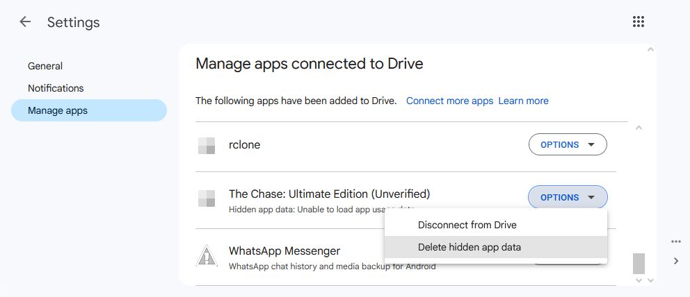Окно управления подключёнными приложениями в настройках Google Drive