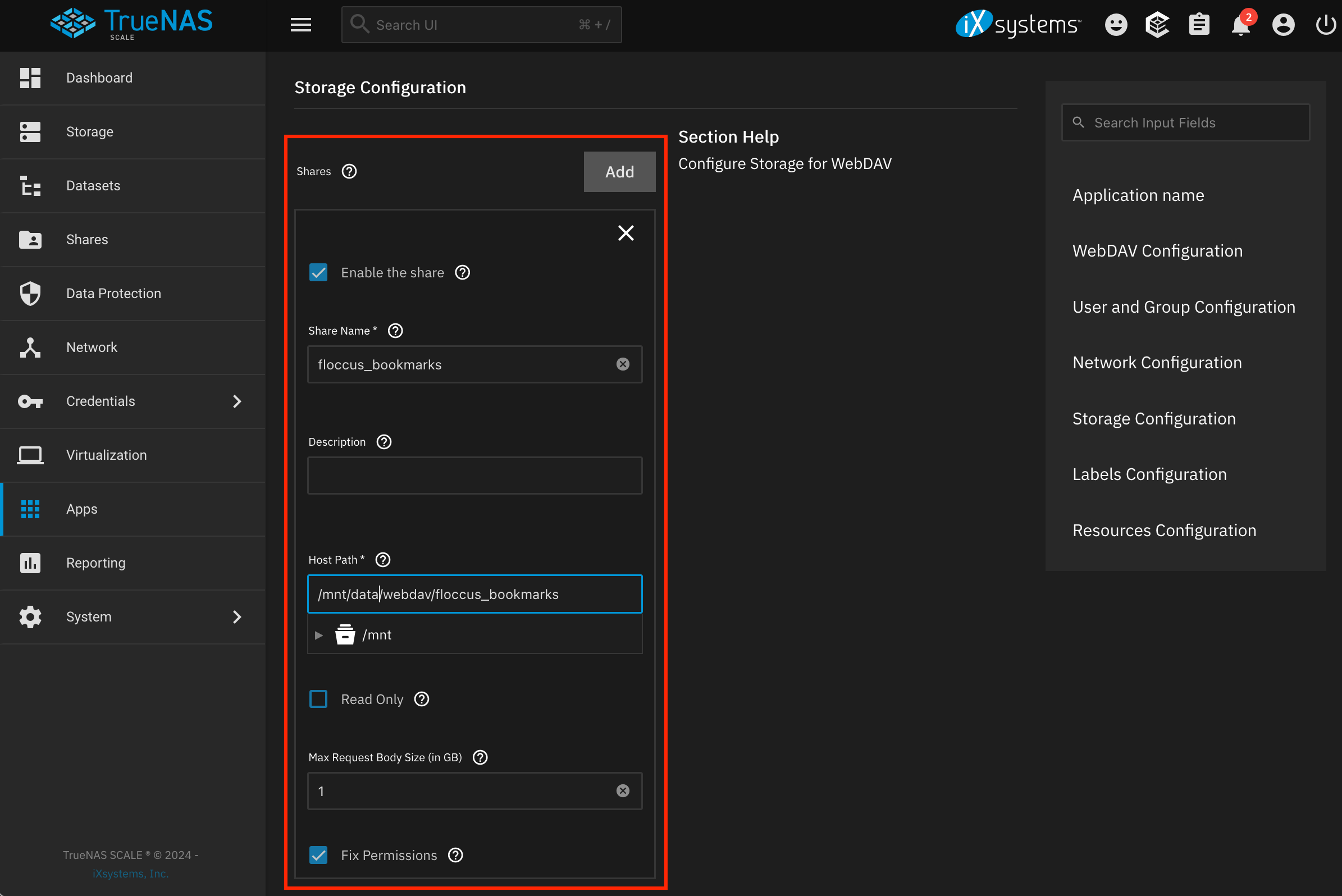 Конфигурация WebDAV‑шары на TrueNAS