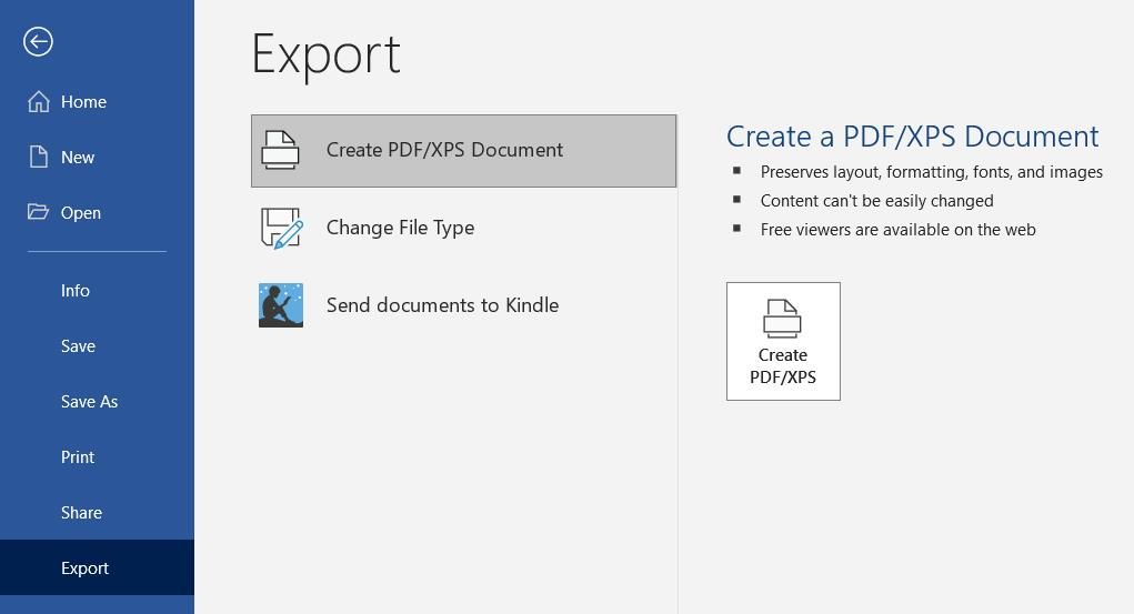 Опция «Создать документ PDF/XPS» в Microsoft Word