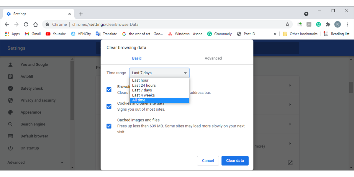 Окно очистки данных в Google Chrome с опциями времени и типов данных
