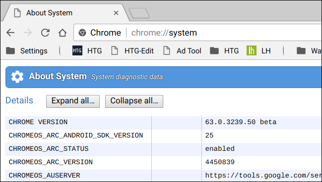 Страница chrome://system с технической информацией о Chrome OS