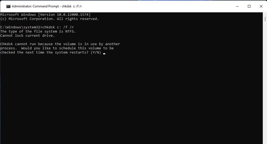 Команда chkdsk в окне терминала