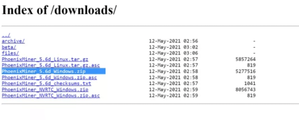 Descarga de PhoenixMiner con un archivo ZIP visible