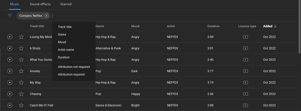 Поиск и фильтры в библиотеке аудио YouTube