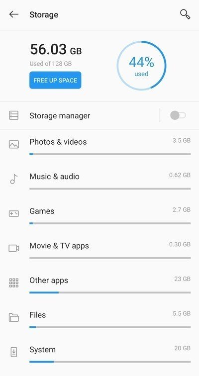 Интерфейс настроек хранения OnePlus 9 — отображение заполненной памяти