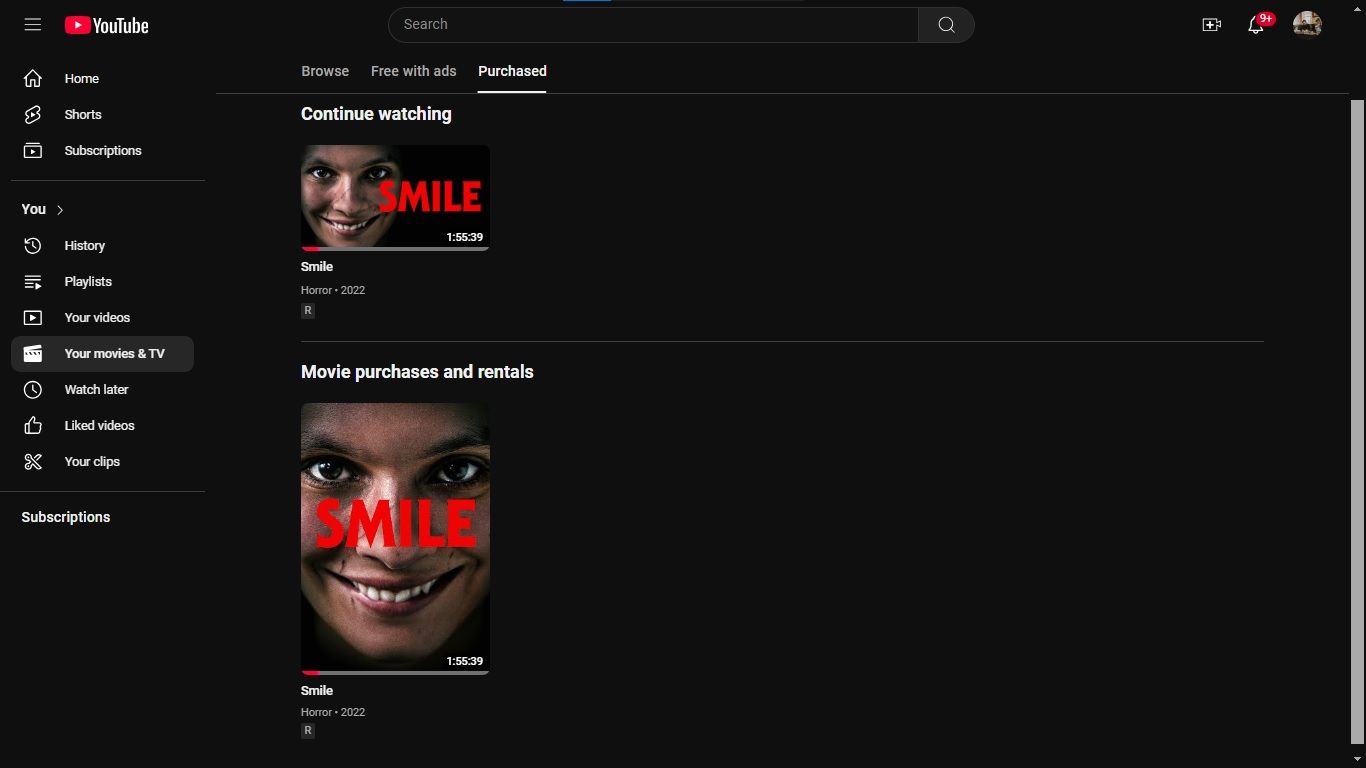 Фильмы, купленные в YouTube, отображаются на вкладке «Купленные»